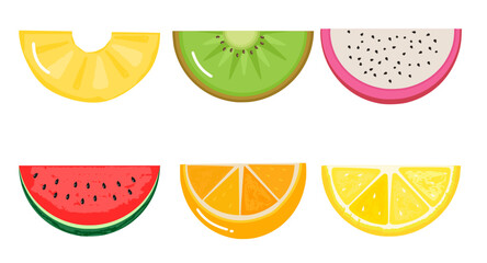 lemon, pineapple, sign, set, seed, dragon fruit, watermelon, half, yellow, lime, juice, orange, cut, nutrition, diet, vegan, freshness, slice, kiwi fruit, exotic, colorful, modern, vector, sweet, dess