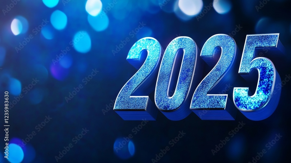 Poster digital glitch effect on 2025 in dark blue background - a shimmering 2025 with digital glitch effect