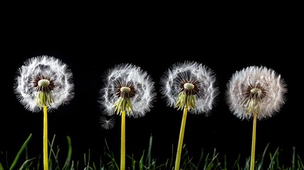 Four Dandelions with Dispersing Seeds Against Black Background