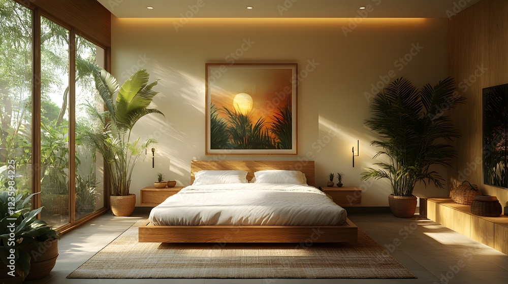 Poster frame mockup nestled a contemporary nomadic bedroom seen from a bird'seye view capturing the layout 