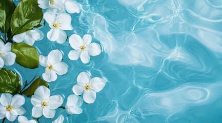White flowers floating on clear blue water surface with ripples