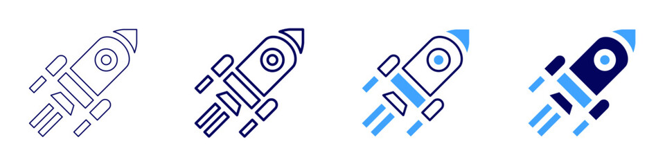 Rocket completion icon in 4 different styles. Thin Line, Line, Bold, and Bold Line. Duotone style. Editable stroke