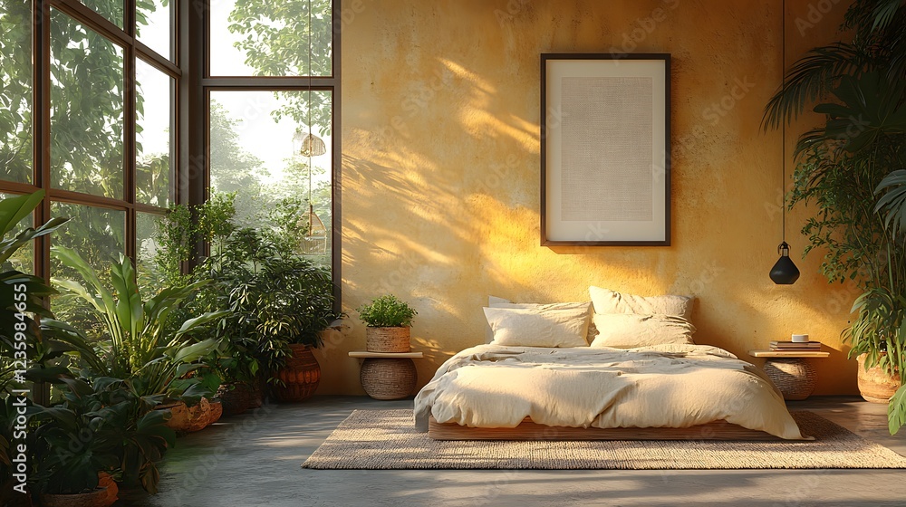 Poster frame mockup nestled a contemporary nomadic bedroom seen from a bird'seye view capturing the layout 