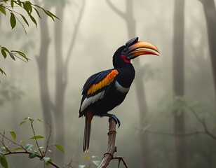 Fototapeta premium Rufous-necked Hornbill in Misty Forest