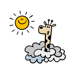 Bright sun and thick rain clouds.   Vector illustration is visible from the neck and muzzle of a giraffe.  Positive animal, a summer day. Isolated funny characters on white background.