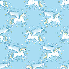 Seamless pattern with pegasus and stars on blue background.