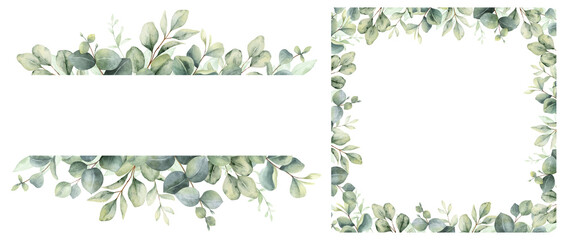 Watercolor set of  frames  with green eucalyptus leaves and branches. Greenery clipart for wedding invitation, greeting cards, save the date, stationery design.  Hand drawn illustration.