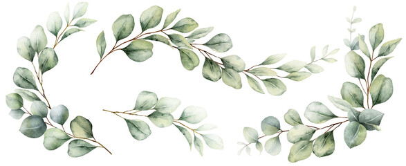 Watercolor set of wreaths with green eucalyptus leaves and branches. Greenery clipart for wedding invitation, greeting cards, save the date, stationery design.  Hand drawn illustration.