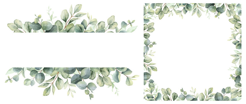 Watercolor set of  frames  with green eucalyptus leaves and branches. Greenery clipart for wedding invitation, greeting cards, save the date, stationery design.  Hand drawn illustration.