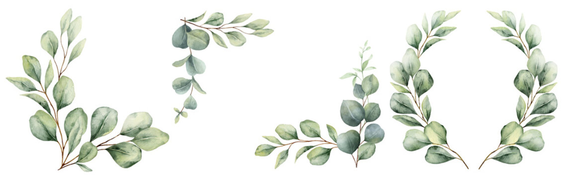 Watercolor set of frames and wreaths with green eucalyptus leaves and branches. Greenery clipart for wedding invitation, greeting cards, save the date, stationery design.  Hand drawn illustration.