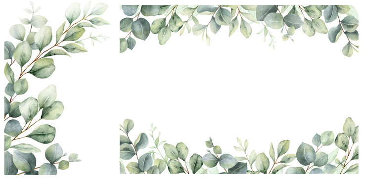 Watercolor set of frames and wreaths with green eucalyptus leaves and branches. Greenery clipart for wedding invitation, greeting cards, save the date, stationery design.  Hand drawn illustration.