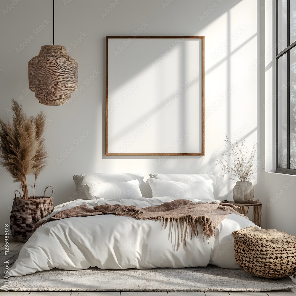Poster frame mockup positioned minimalist nomadic bedroom with woven accents captured from a side angle tha