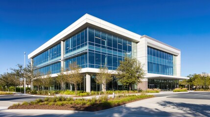 Fototapeta premium Modern glass and steel office building, symmetrical design, bathed in midday light, showcasing sleek architecture and urban professionalism.