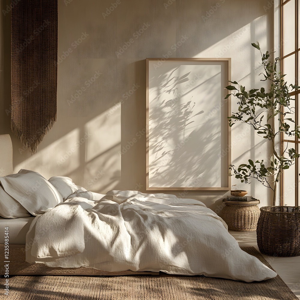 Aufkleber frame mockup positioned minimalist nomadic bedroom with woven accents captured from a side angle tha