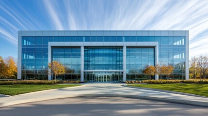 Modern glass and steel office building, symmetrical design, bathed in midday light, showcasing sleek architecture and urban professionalism.
