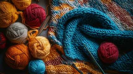 Overhead view of a vibrant and colorful knitting project with various yarn balls arranged around