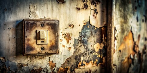 A weathered light switch on a peeling wall, a testament to the passage of time and the enduring presence of basic infrastructure.