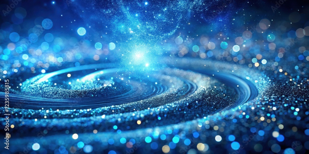 Poster abstract swirling blue glitter with bokeh lights and a starry night sky in the background.