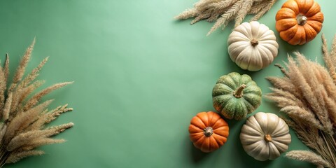 Fototapeta premium Autumnal still life with pumpkins and pampas grass on a green background