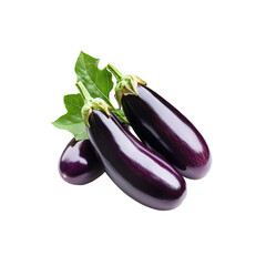 Fresh Organic Eggplants with Green Leaves Isolated on White Background