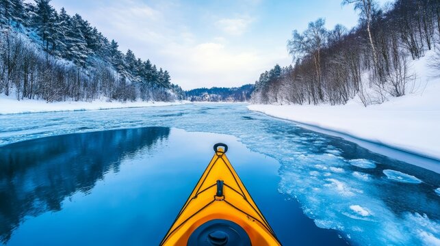 Kayaking Adventure on Icy Blue Water in Winter - A thrilling kayaking experience in a serene winter landscape featuring icy water, snow-covered trees, and a clear sky reflecting calmness, adventure