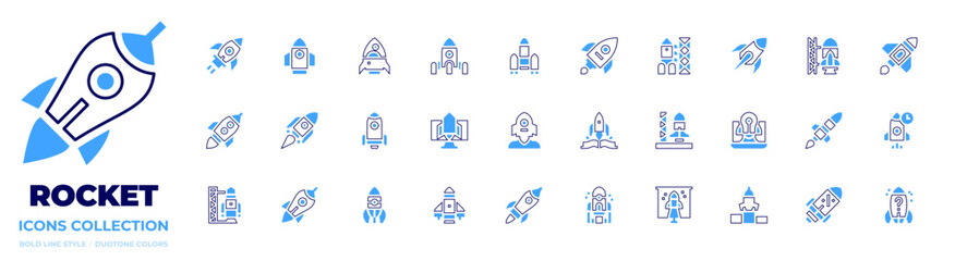 Rocket icon collection. Bold line style. Duotone colors. rocket, rocket launch, rocket ship, rocket ship launch, startup, start up, project