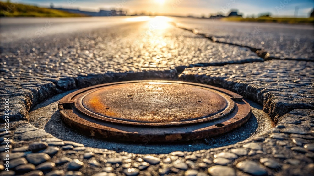 Aufkleber A rusty manhole cover sits in the middle of a cracked and worn asphalt road, bathed in the golden glow of the setting sun.