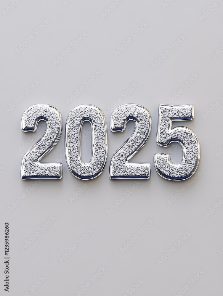 Poster metallic number 2025 on soft background - a shiny metallic representation of the number 2025 against