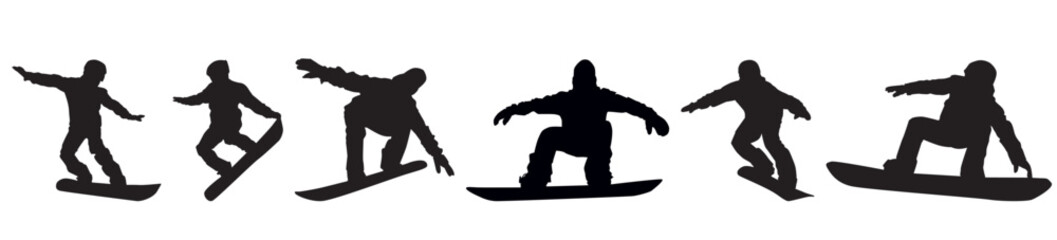 Silhouettes of people snow boarding. snowboard riders silhouette on isolated withe background. 