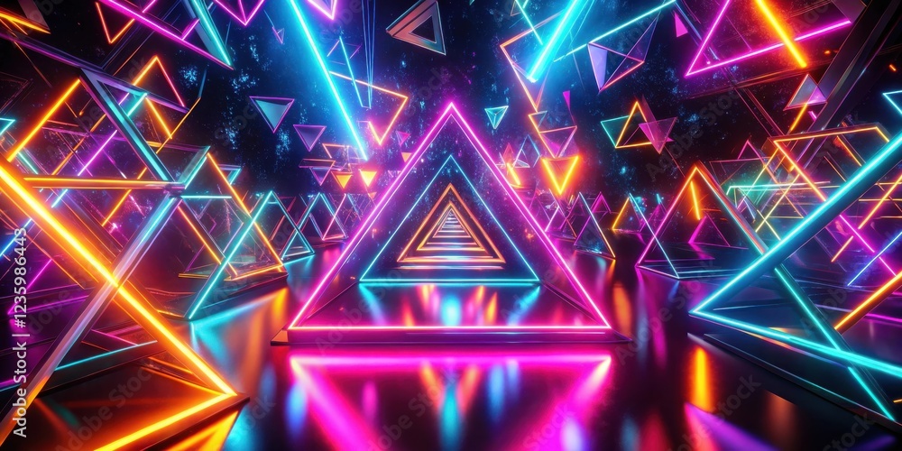 Leinwandbilder A vibrant abstract composition of neon triangles, glowing with vibrant colors and shimmering with reflected light, creating a mesmerizing and futuristic visual experience.