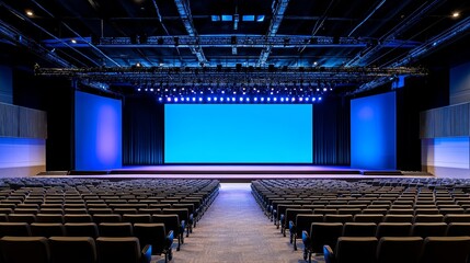 Fototapeta premium Modern Conference Hall with Blue Background - A spacious modern conference hall featuring a blue backdrop and rows of empty seats awaiting an event.