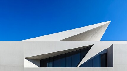 Modern geometric office building under a clear sky, showcasing innovative design and urban progress.