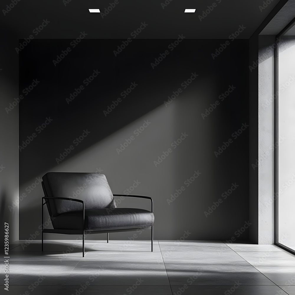 Poster minimal furniture setup in a dark room featuring an empty wall mockup viewed from a corner angle emp