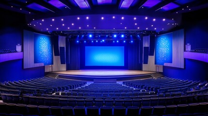 Modern Theater Stage with Blue Lights - A spacious theater stage illuminated by vibrant blue lights, perfect for performances and presentations. The design is inviting and contemporary.