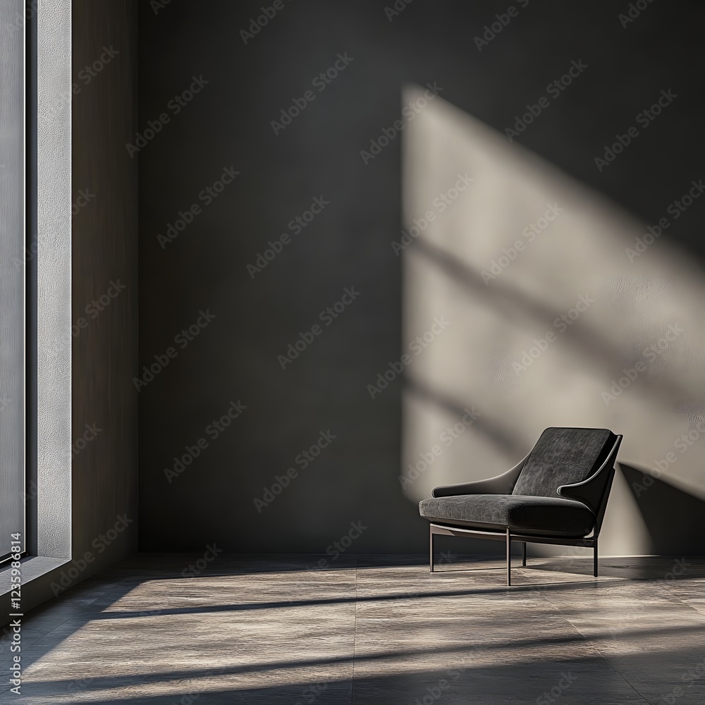 Poster minimal furniture setup in a dark room featuring an empty wall mockup viewed from a corner angle emp