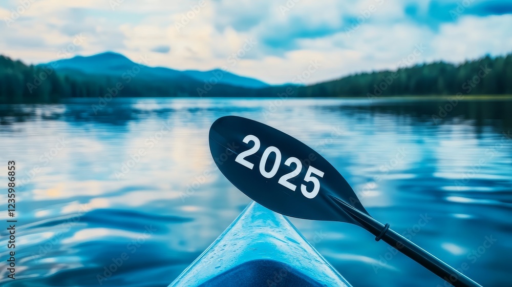 Poster peaceful kayaking adventure in nature - a tranquil view from a kayak with a paddle showing the year 