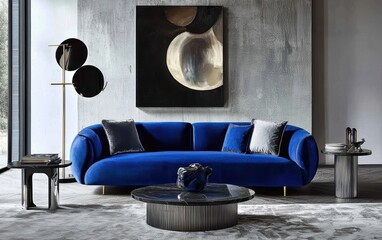 Electric blue velvet sofa in a stylish modern space, accented with black and silver minimalist furniture