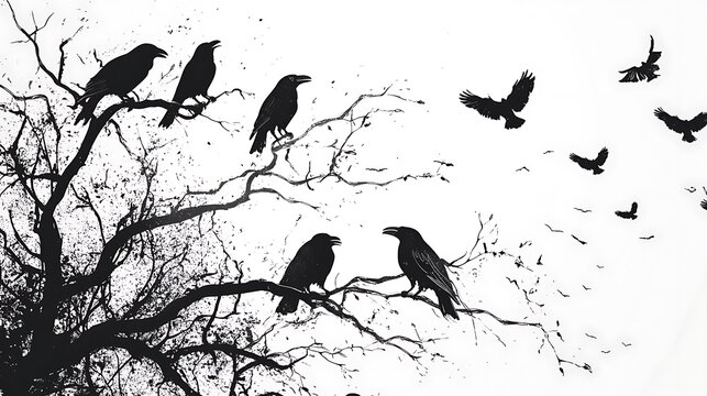 Crows in a bare winter tree, silhouette art, possible use for dark fantasy or horror theme
