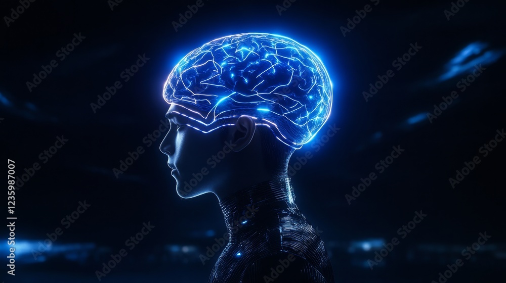 Poster profile of futuristic man featuring an illuminated brain design - a futuristic representation of a m
