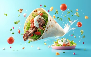 Flying lamb gyro with tzatziki sauce and a side of Greek salad on a pastel blue background