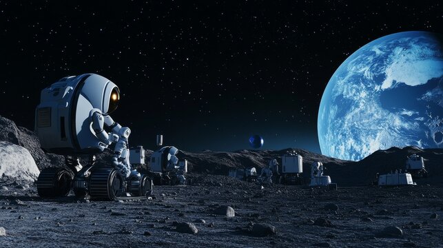 Humanoid robots assembling modular habitats on the lunar surface, moon landscape with Earth in the distant sky, Lunar Construction style