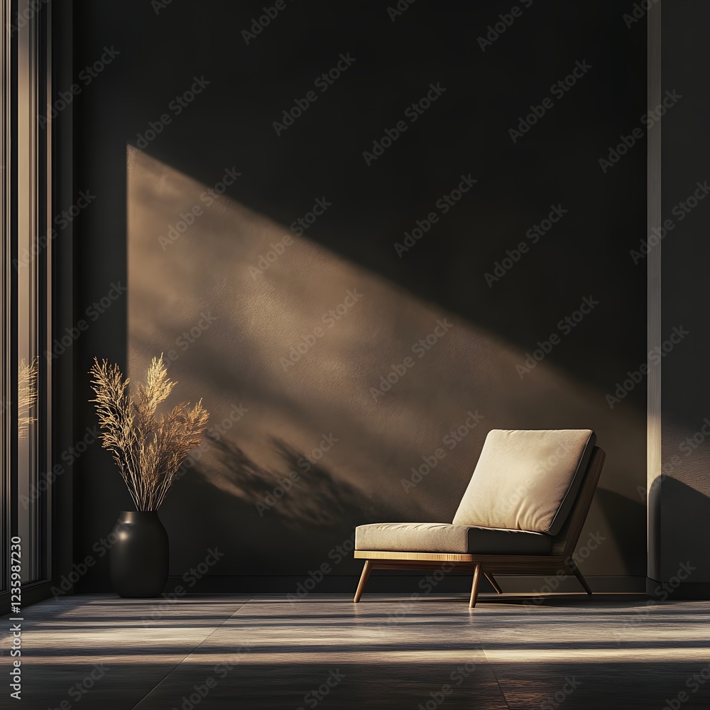 Poster minimal furniture setup in a dark room featuring an empty wall mockup viewed from a corner angle emp