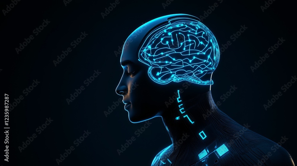 Aufkleber profile of futuristic man featuring illuminated brain technology - a futuristic depiction of a human