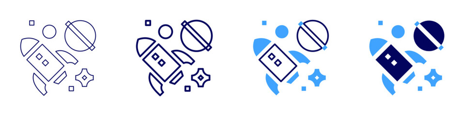 Rocket interactivity icon in 4 different styles. Thin Line, Line, Bold, and Bold Line. Duotone style. Editable stroke