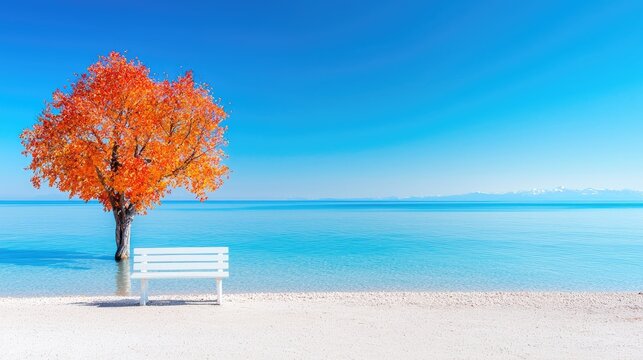 Autumn tree by calm lake, bench, mountains. Peaceful scene, travel poster