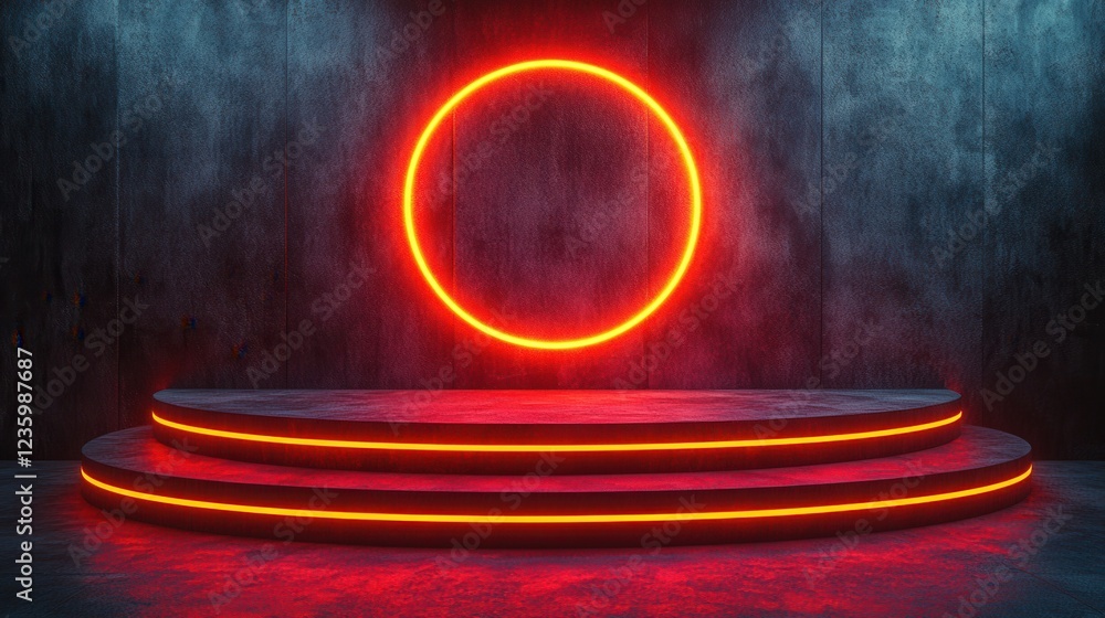 Poster futuristic stage with glowing neon circle and illuminated steps in a moody industrial setting