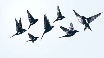 Obraz premium Flock of birds in flight against a white background. Possible use Graphic design, wallpaper