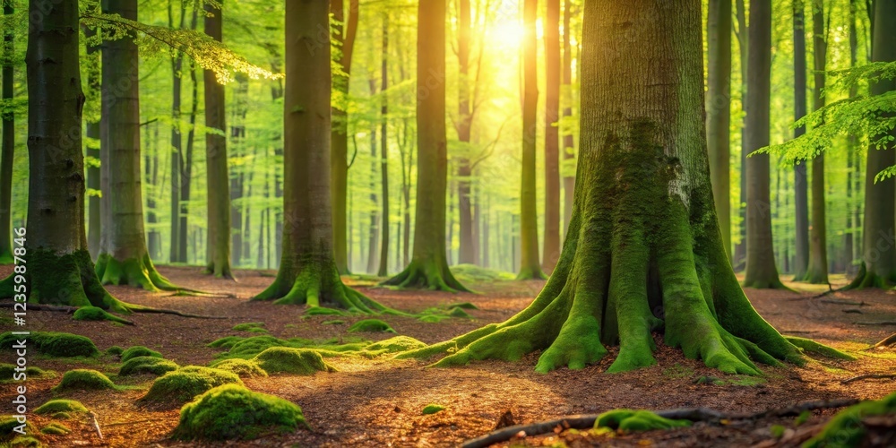 Poster Sunlight filters through a dense forest, illuminating the moss-covered base of a large tree, casting a warm glow on the woodland floor.