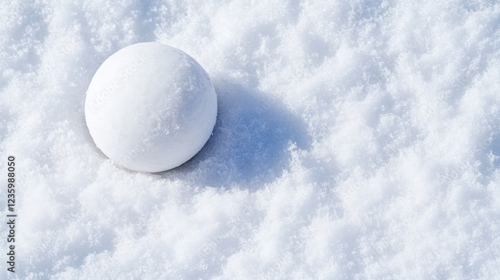 Poster snowball on white snow surface - a single snowball resting on a pristine layer of white snow, creati