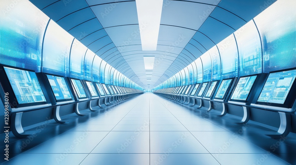 Poster futuristic technology corridor with interactive screens, showcasing digital data in a sleek environm